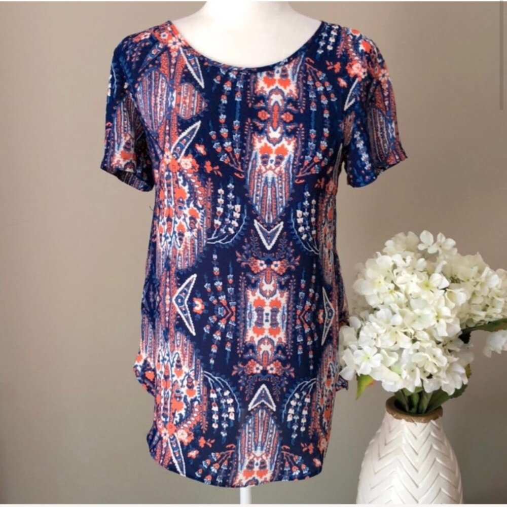 Olivaceous Short Sleeve Sheer Printed Top Blue/Orange Small